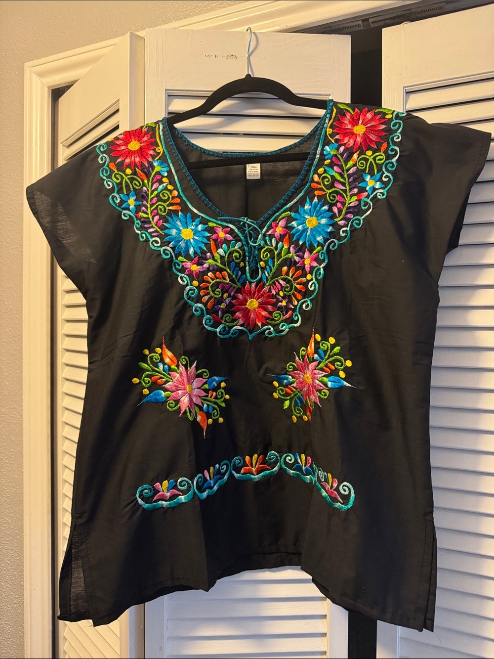Black Embroidered Floral Tunic Top - Colorful Handcrafted Detail